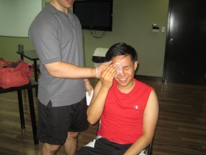 Applying gauze to an eye injury